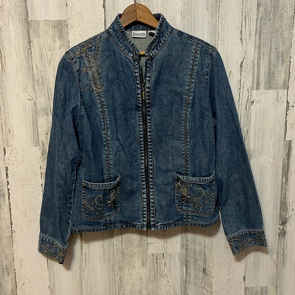 Chico's Jackets & Blazers - Z5 Chicos blue jean jacket paisley flower embroidery design pockets long sleeve